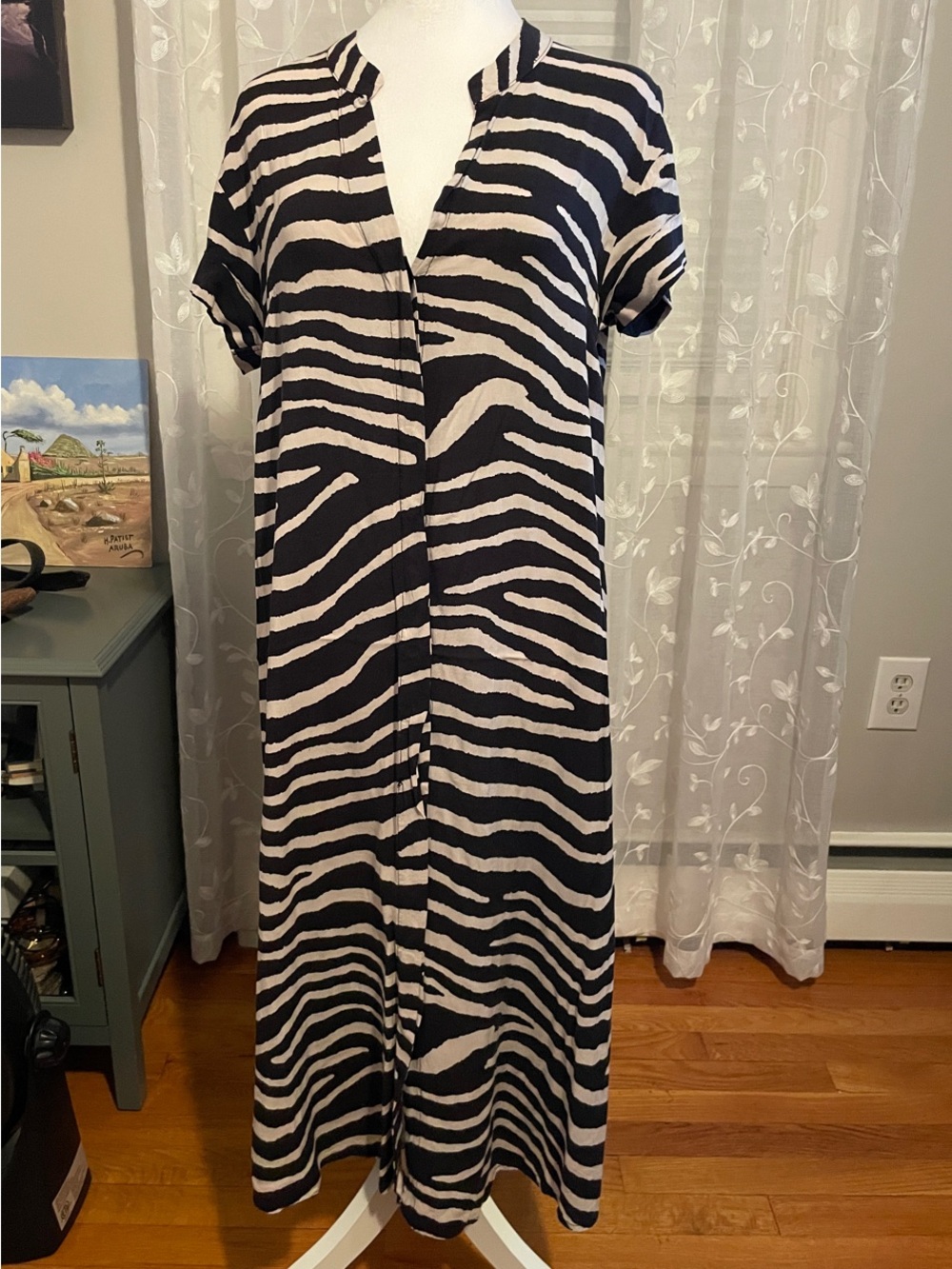 Zebra-Print Short-Sleeve V-Neck Maxi Dress - Black & White